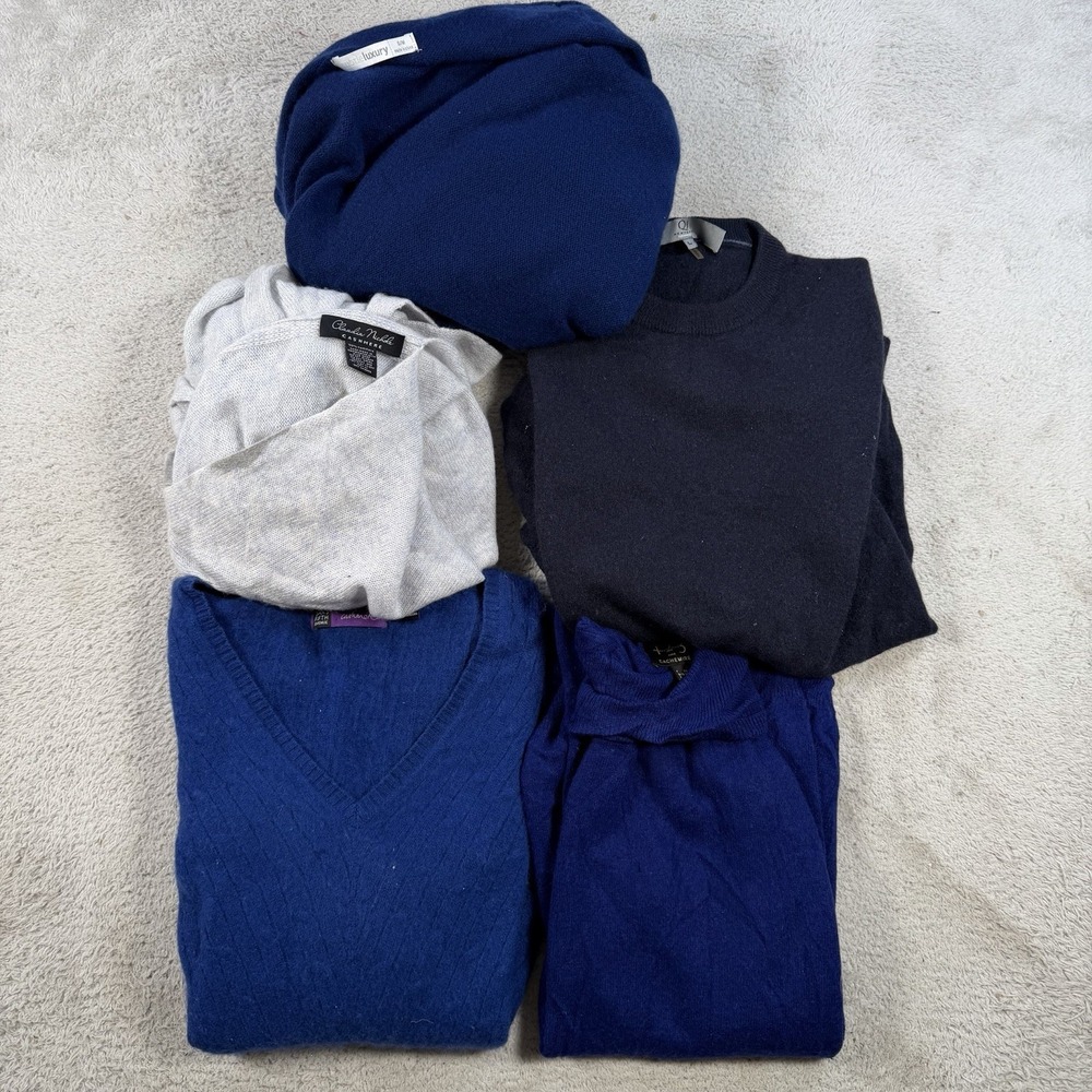 100% Cashmere Sweater Lot Of 5 Blue Flawed Crafter Cutter Upcycle DIY 2.4lb